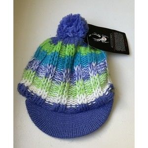 Spyder Knit Girls Brim Slouch Hat Fleece Lined Beanie Pom Pom One Size NEW